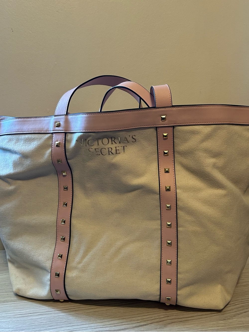 Victoria's Secret Cream Canvas Tote with Pink Trim and Studs